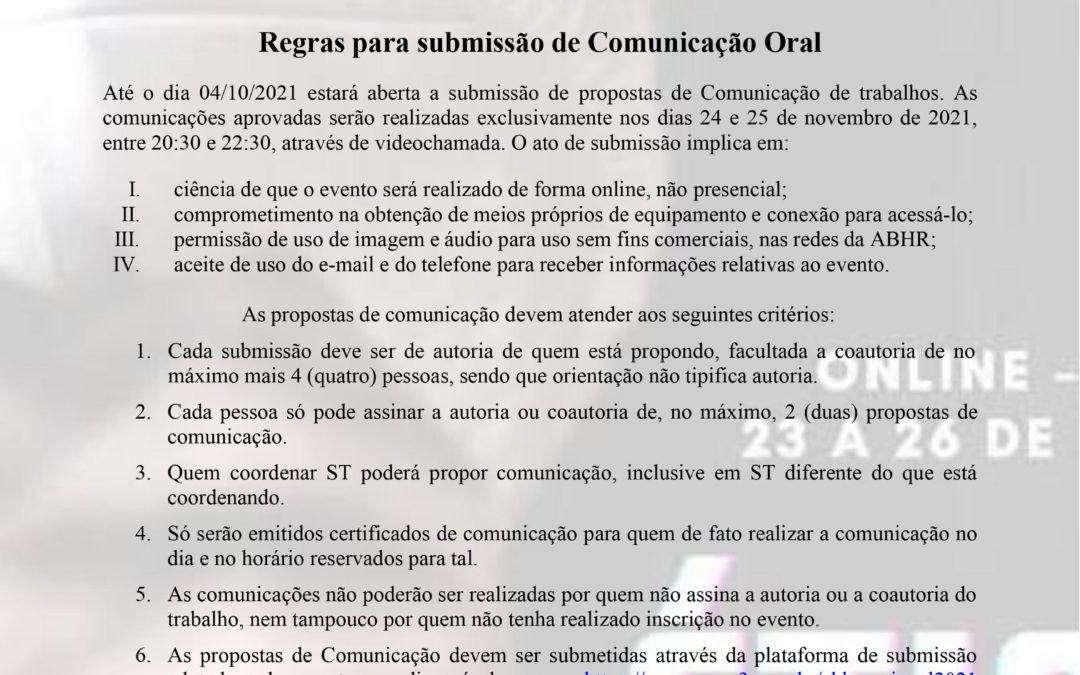 Inscrição em Comunicação Oral do XVII Simpósio da Associação Brasileira de História das Religiões