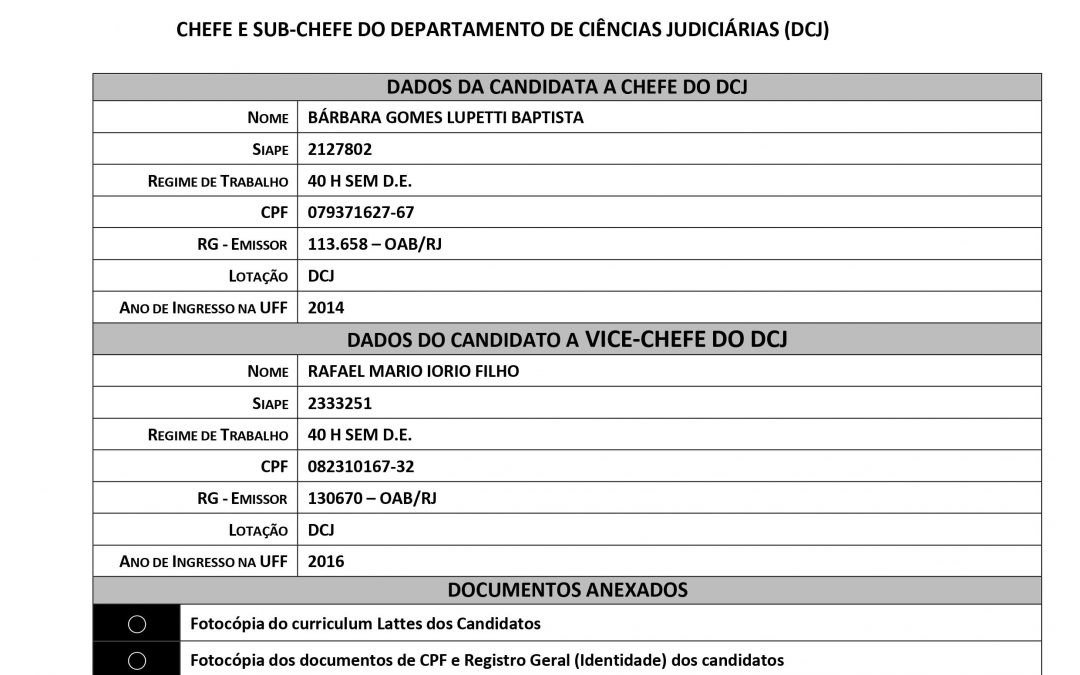 Publicação da chapa inscrita na eleição DCJ