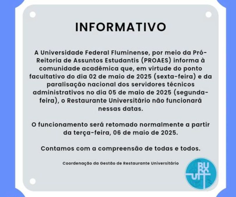 RU fechado dia 05 de maio, segunda-feira